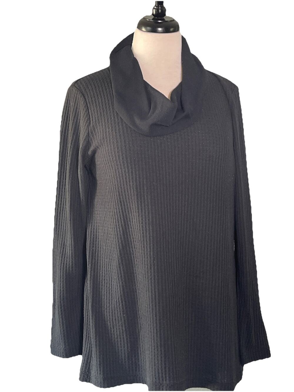 J Jill Pullover Women's Medium Black Cowl Neck Waffle Knit Long Sleeve Top